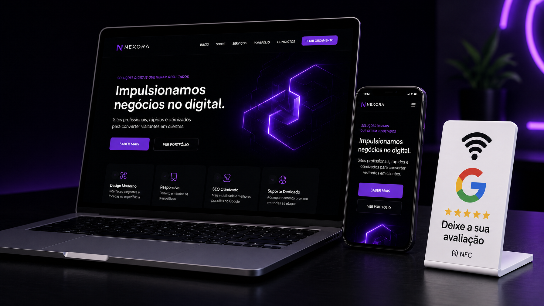 Website Nexora apresentado em portátil, telemóvel e cartão NFC